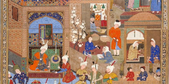 پردهنگار پارچه ای با طرحهای شرقی و سنتی، نقاشی بی نظیر از سبک آسیایی، تزئین داخلی کافه آسیا، یک اثر هنری سنتی و فرهنگی.